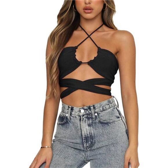 Black Multi Way Wrap Halter Crop Top Backless Sexy‎ Cutout Bandage Y2K Top - Picture 1 of 5